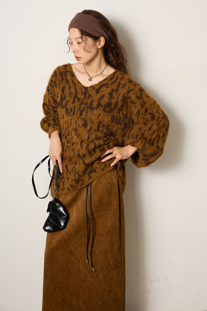 [SET]フラッフィーレオパードシャギーニット+ロープベルト付きスウェード調スカート(2set)