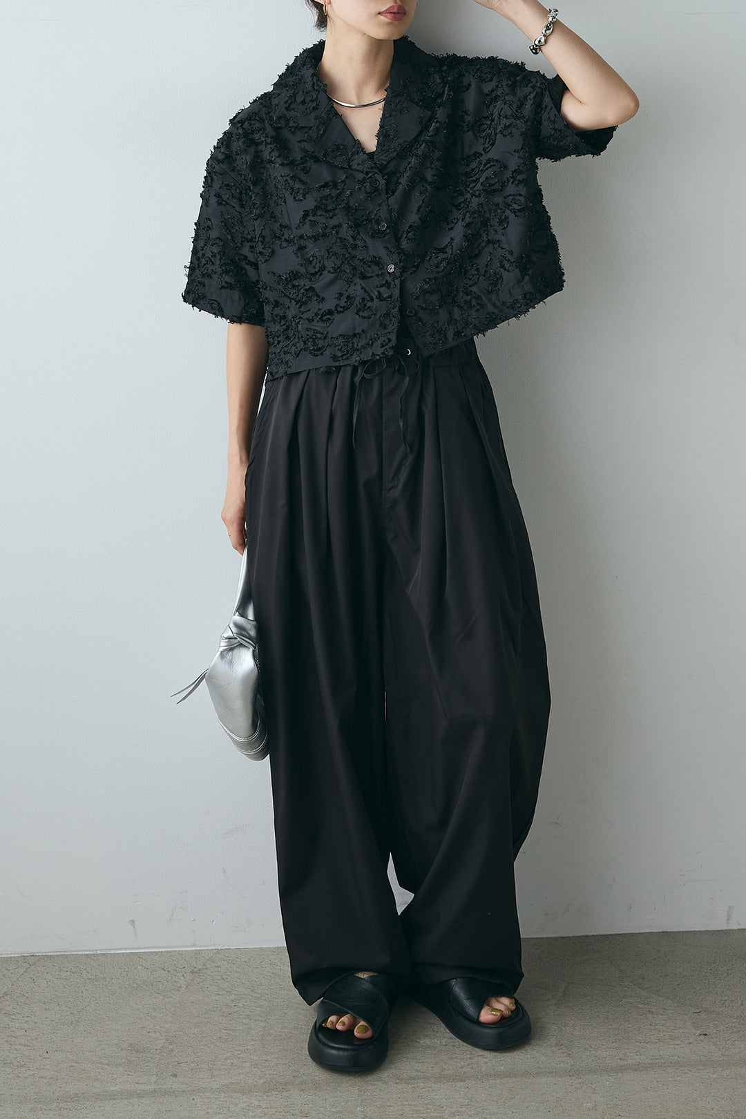 [SET]半袖オープンカラージャガード柄シャツ+タックワイドリラックスパンツ(2set)