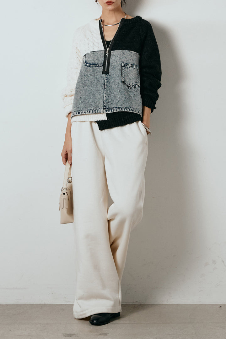 [SET]ハーフジップニットデニムドッキングトップス+裏起毛スウェットワイドパンツ(2set)