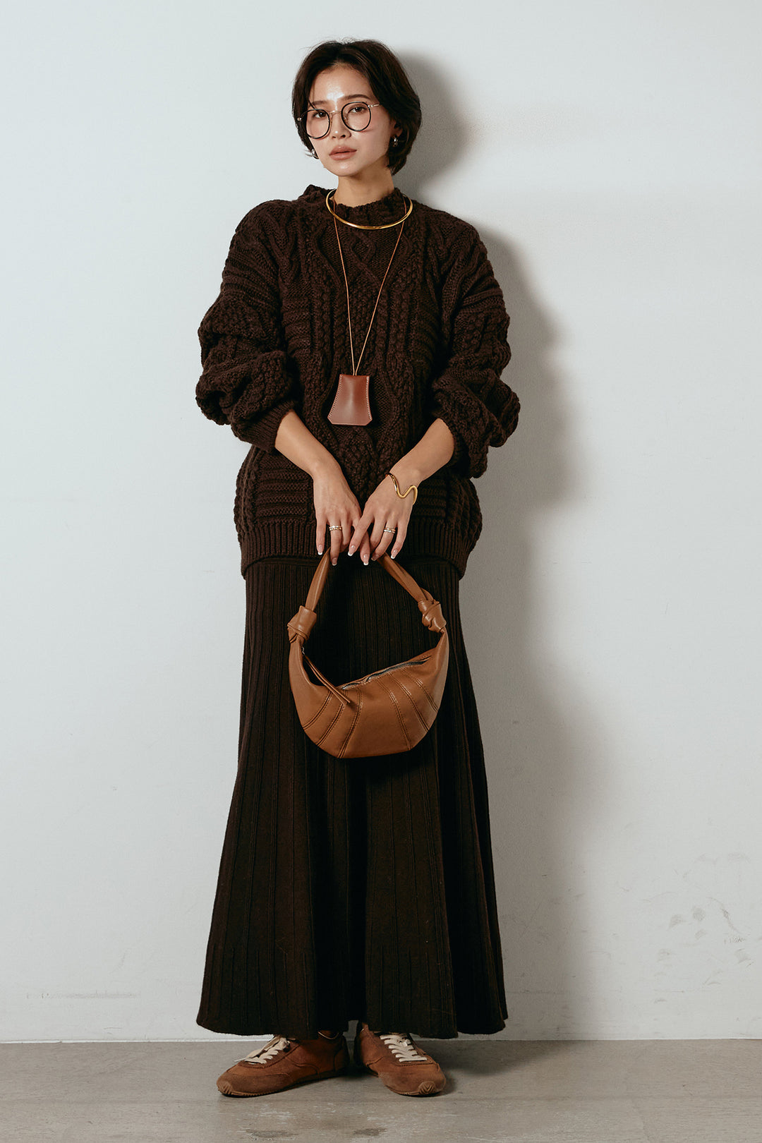 [SET]アラン柄ミックスケーブルニット+編み地切り替えフレアニットスカート(2set)