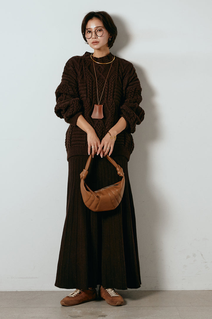 [SET]アラン柄ミックスケーブルニット+編み地切り替えフレアニットスカート(2set)