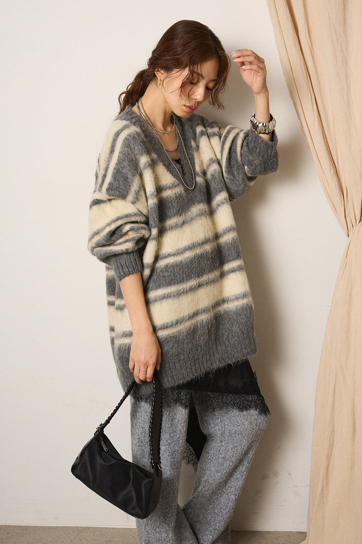 [SET]ルーズVネックボーダーニットトップス+杢ニットリブフレアパンツ(2set)