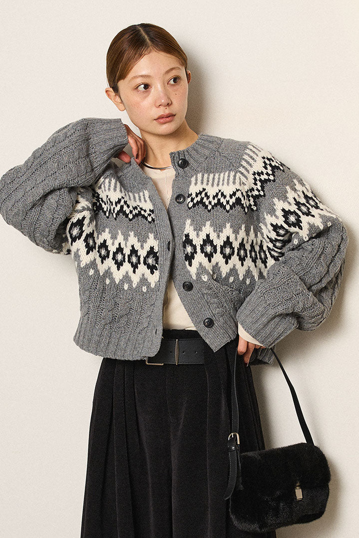 [SET]2WAY求心柄ジャガードショートカーディガン+2WAY袖コード刺繍クルーネックプルオーバー(2set)