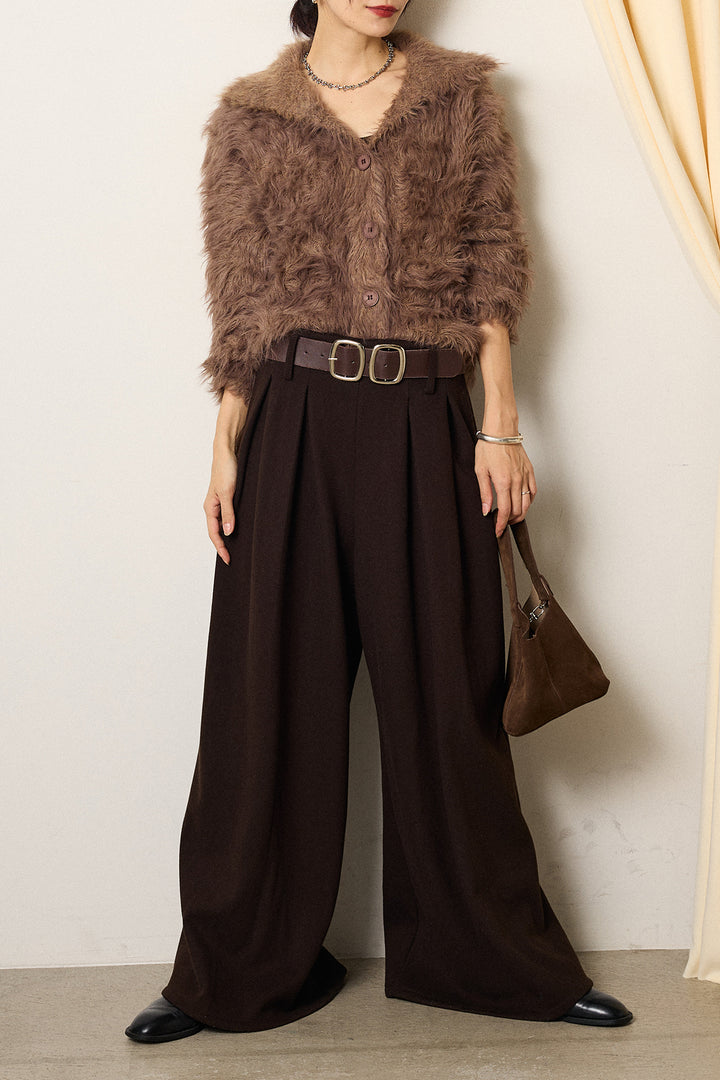 [SET]襟付きシャギーニットカーディガン+フェイクレザー太ベルト付きタックワイドパンツ(2set)
