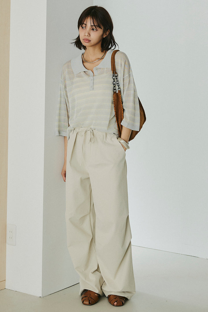 [SET]ボーダーニットポロシャツ+ニーサイドタックウエストドロスパンツ(2set)