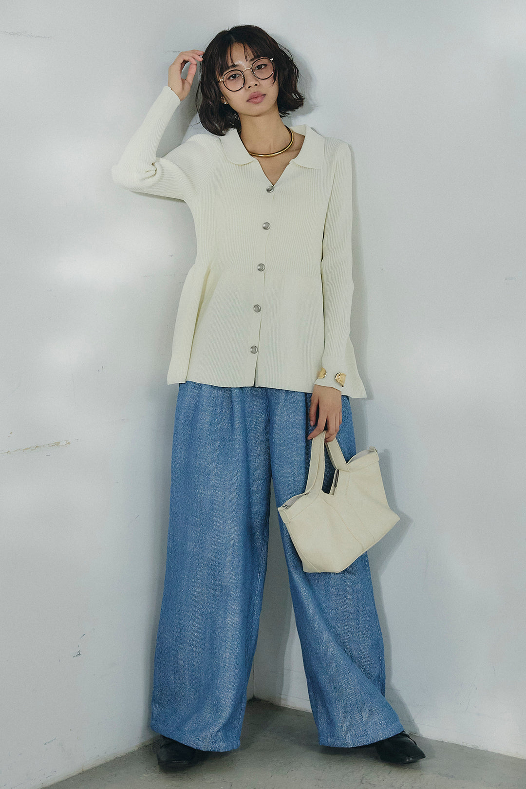 [SET]スキッパーペプラムニット+デニムライクヘリンボーンタックパンツ(2set)