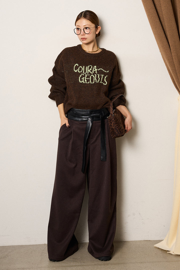 [SET]ロゴシャギーニットプルオーバー+巻ベルトウエストレザーライクワイドパンツ(2set)