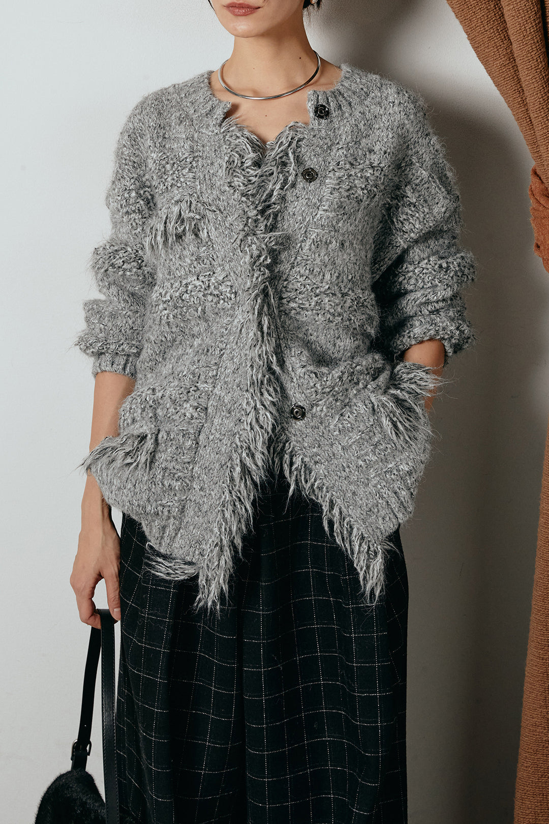 [SET]フリンジニットカーディガン+ウールライクチェックタックパンツ(2set)