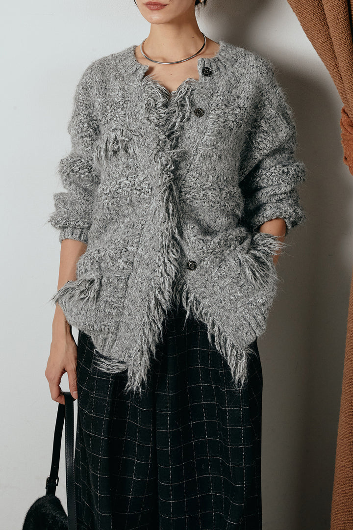 [SET]フリンジニットカーディガン+ウールライクチェックタックパンツ(2set)