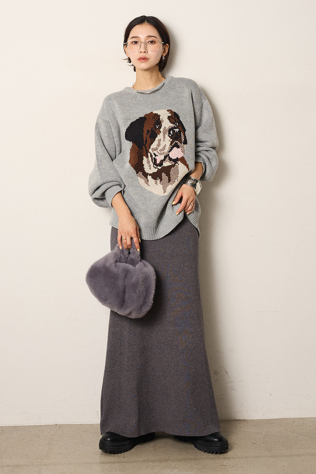 [SET]アニマルジャガード柄ニットトップス+リブナローニットスカート(2set)