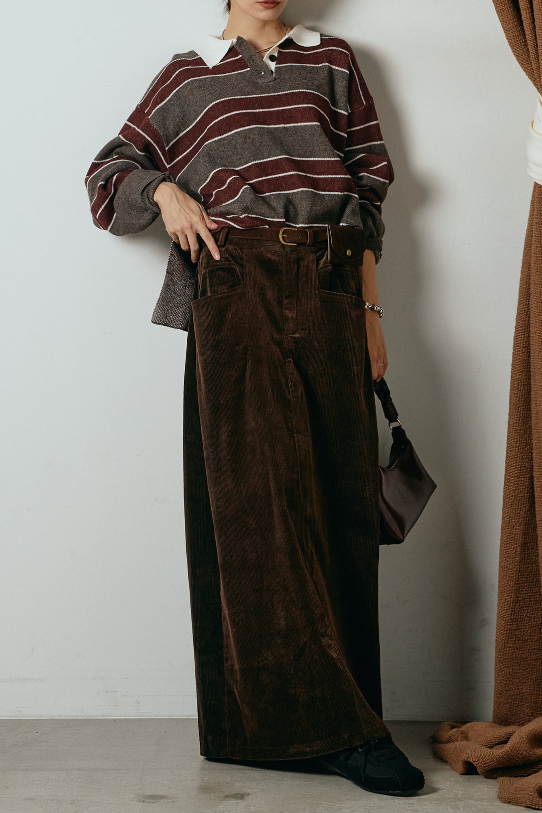 [SET]ラガーニットボーダーポロプルオーバー+ポーチベルト付きコーデュロイワイドスカート(2set)