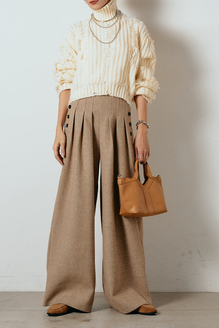 [SET]フリンジタートルショートニット+サイドボタンツイードタックパンツ(2set)