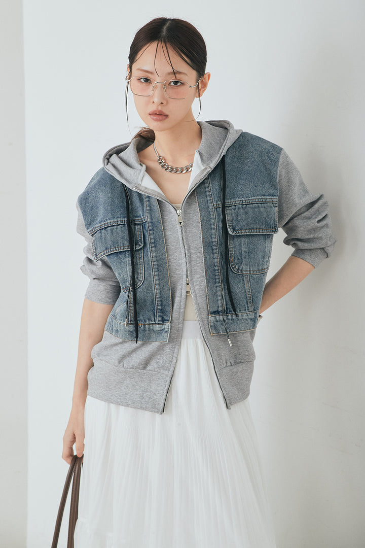 [SET]デニム切替ポンチダブルジップパーカー+ボリュームシルエットチュールスカート(2set)