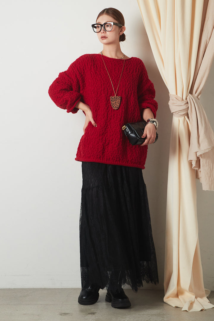 [SET]ボリューム編みニットプルオーバー+ひげレース切替ロング丈スカート(2set)