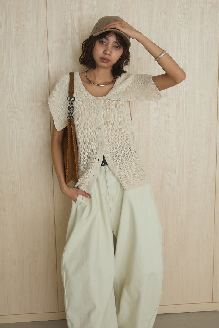 [SET]ビッグカラーボタンニットトップス+ベルト付きカラーデニムパンツ(2set)