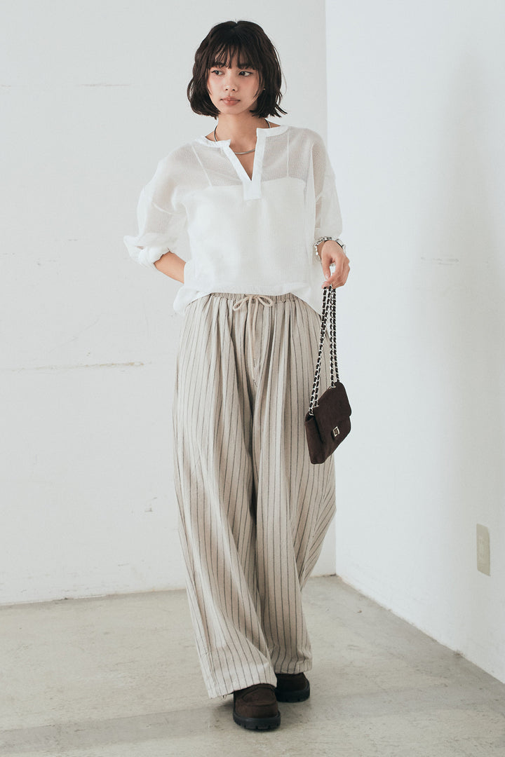 [SET]メッシュカットソースキッパープルオーバー+リネンライクストライプタックイージーパンツ(2set)