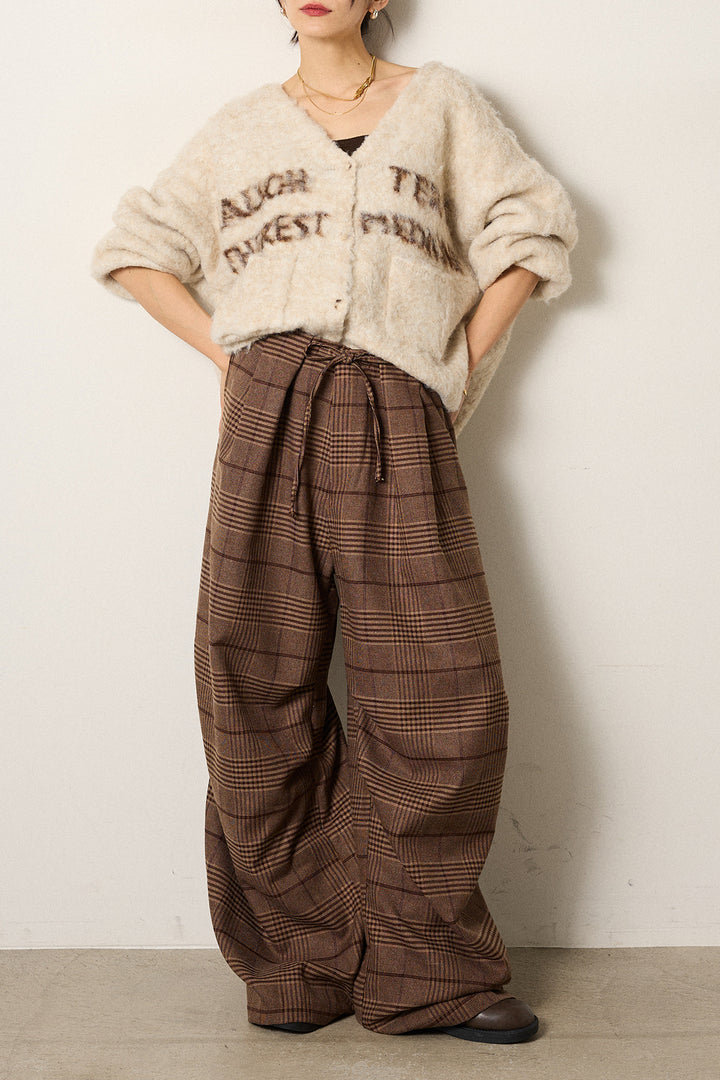 [SET]ウール混透かしロゴニットカーディガン+グレンチェックルーズタックパンツ(2set)