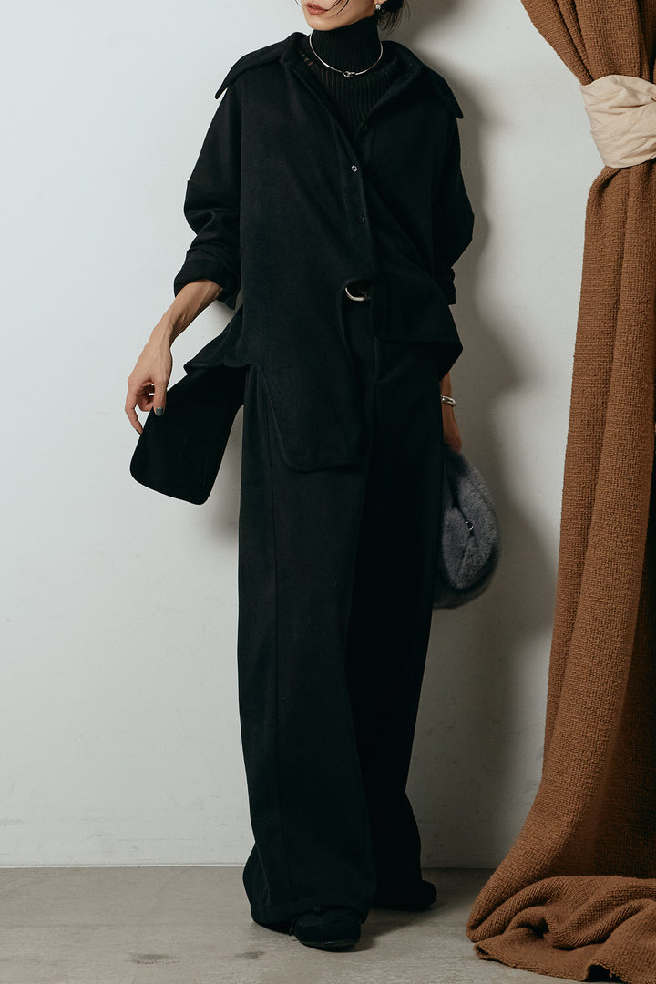 [SET]裾アシンメトリーデザインシャツ+編みベルト付きワイドパンツ+リブニットシームレスタートルプルオーバー(3set)