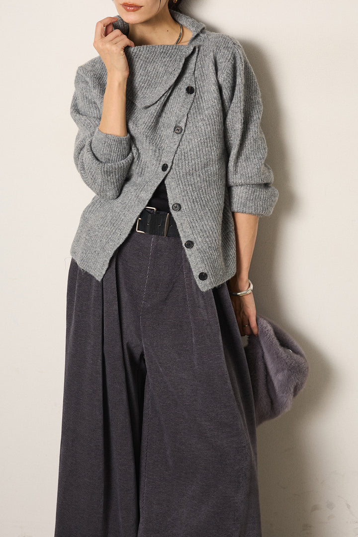 [SET]ボタンデザインネックニットプルオーバー+ベルトループコーデュロイワイドパンツ(2set)