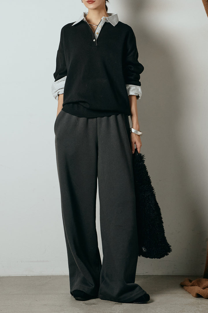 [SET]ストライプシャツドッキングポロトップス+裏起毛スウェットワイドパンツ(2set)