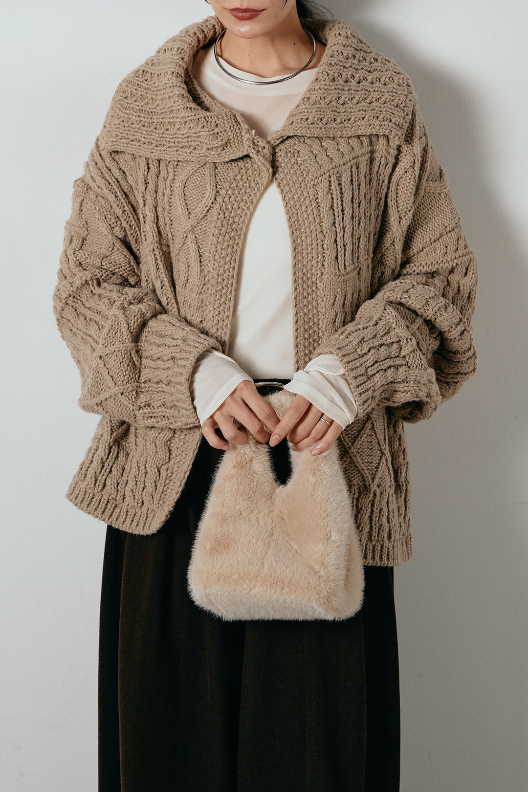 [SET]ビッグカラーケーブル編みニットトップス+2WAY袖コード刺繍クルーネックプルオーバー+フェイクレザー太ベルト付きタックワイドパンツ(3set)