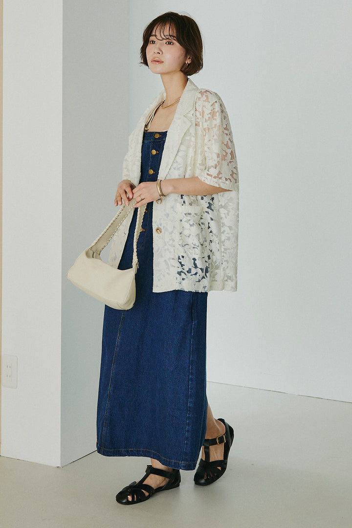 [SET]シアージャガードハーフスリーブテーラードジャケット+配色ショルダーデニムサロペットスカート(2set)