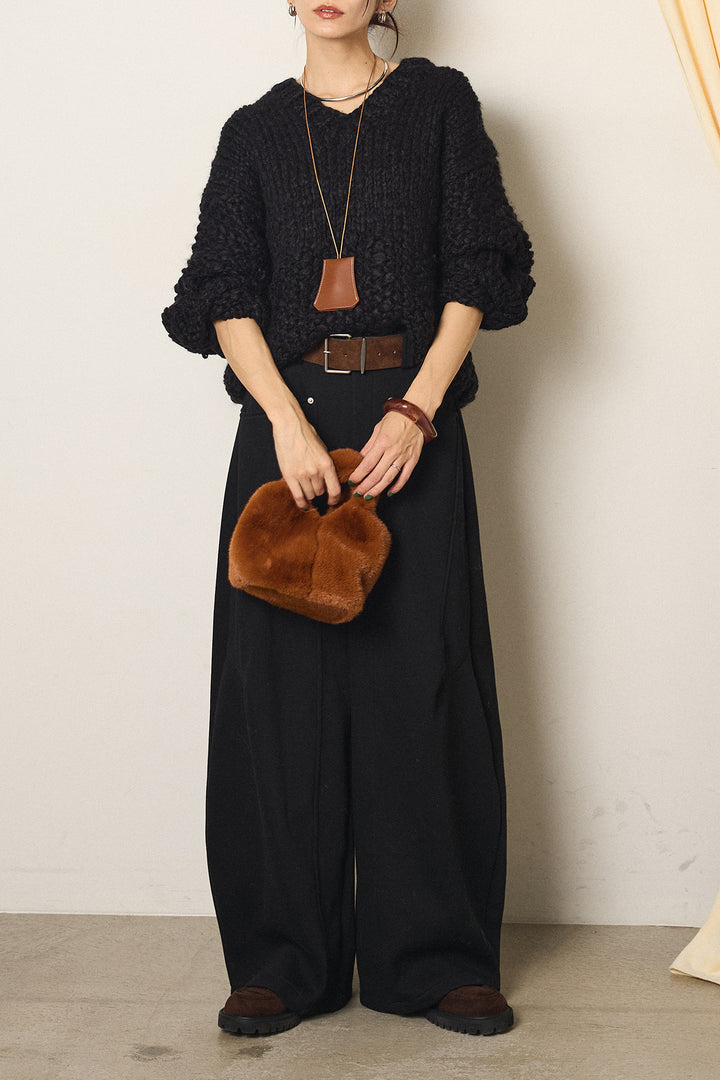 [SET]Vネックハンド編みニットトップス+太ベルト付きスウェットワイドカーブパンツ(2set)