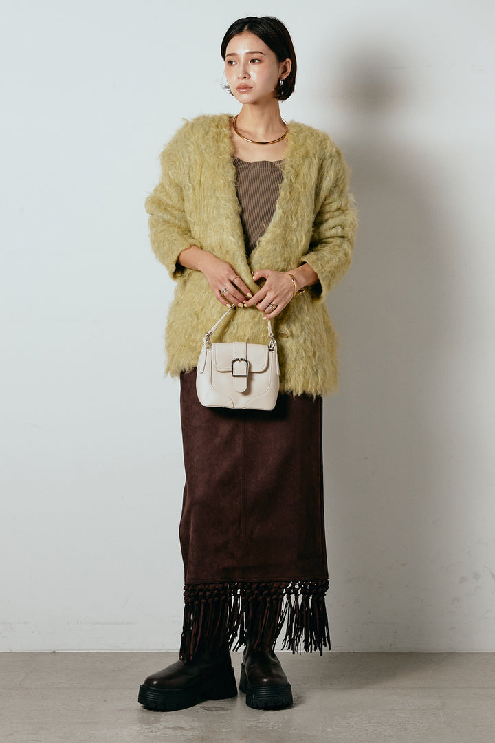 [SET]ウェーブシャギーニットジャケット+スウェードライク裾フリンジスカート(2set)