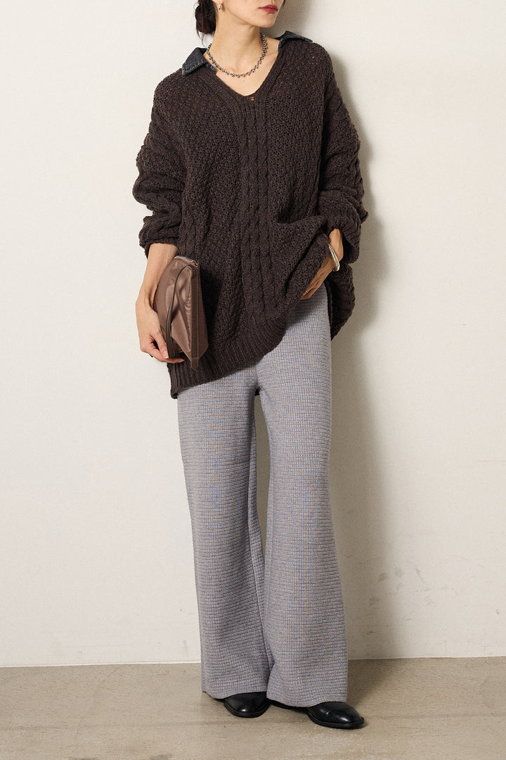 [SET]デニムカラーケーブルオーバーニット+ワイドリブニットイージーパンツ(2set)