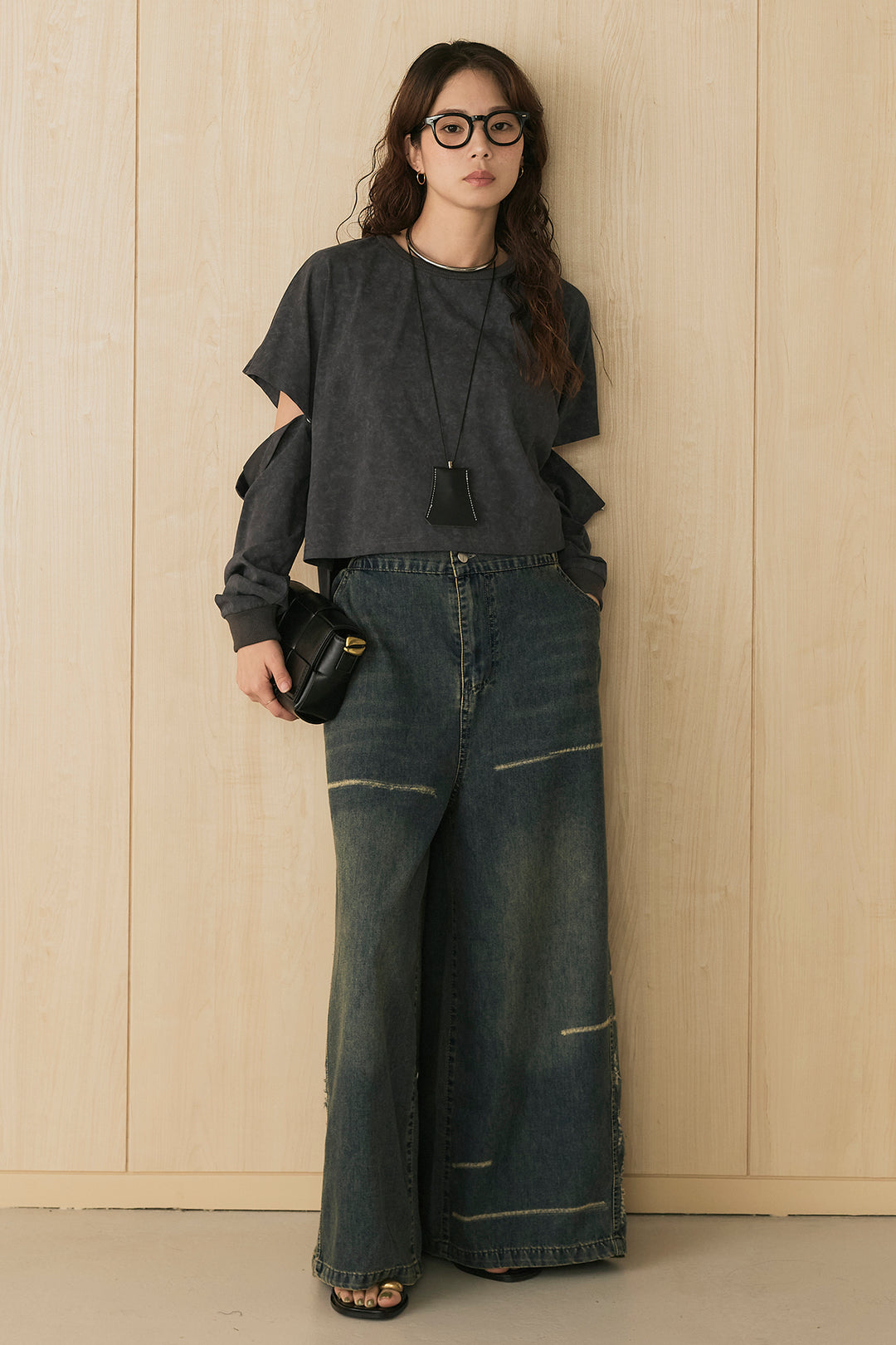 [SET]セパレートフェードTシャツ+ランダムダメージデニムワイドパンツ(2set)