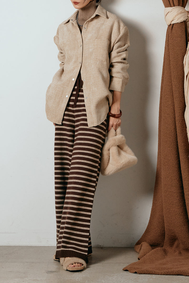 [SET]ルーズクラッシュツイルシャツ+ボーダーリラックスニットパンツ(2set)