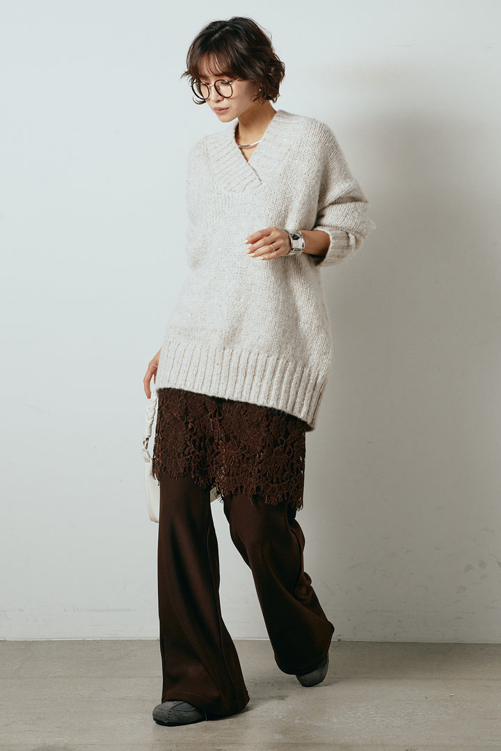 [SET]Vネックラメニットトップス+レース刺繍レイヤードフレアパンツ(2set)