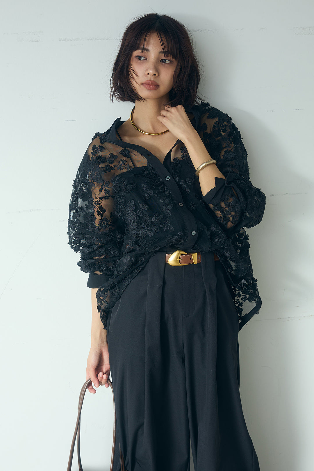 [SET]立体フラワー刺繍レースシャツ+ベルトループデザインハイウエストタックパンツ(2set)