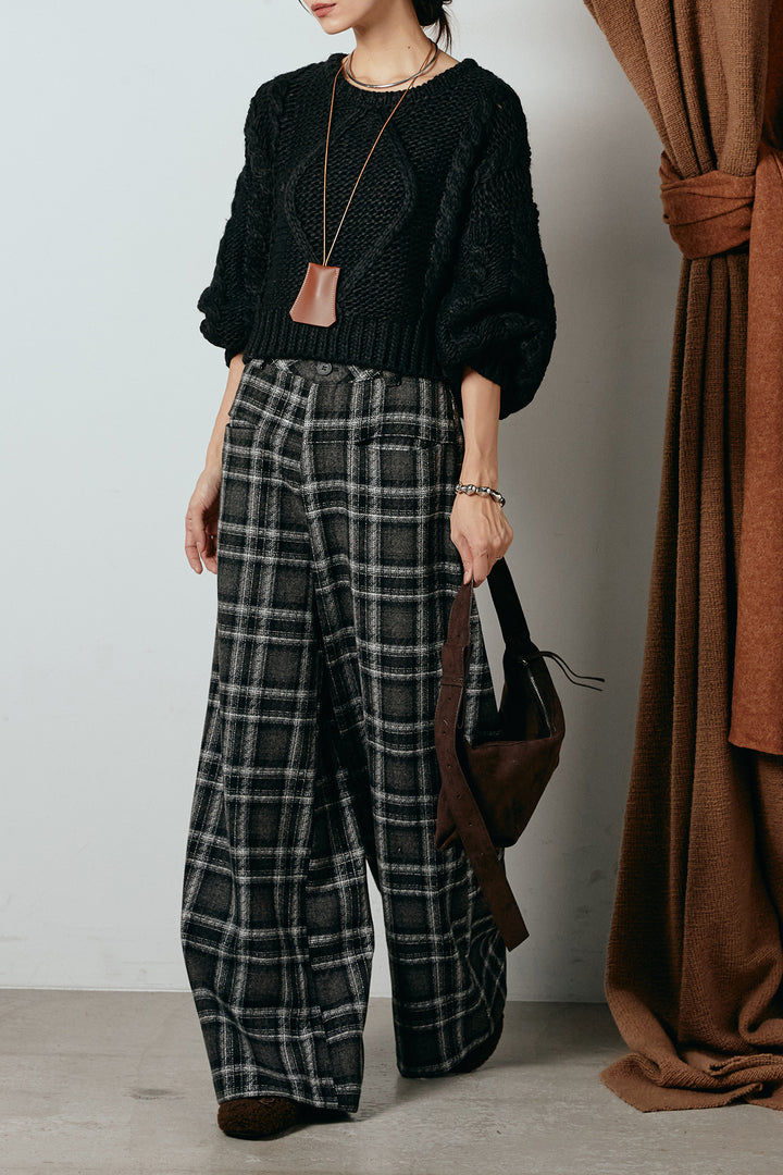 [SET]ロービングケーブルショート丈プルオーバー+ルーズタータンチェックワイドパンツ(2set)