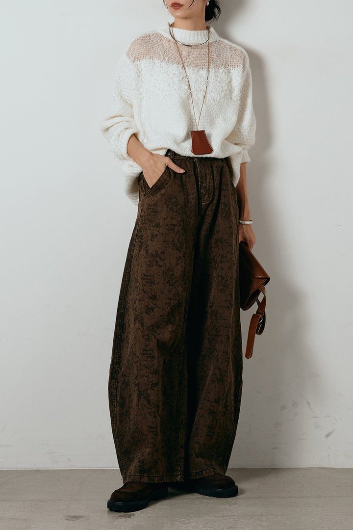 [SET]パターンランダム編みニットトップス+ベルト付きニュアンス柄カーブワイドパンツ(2set)