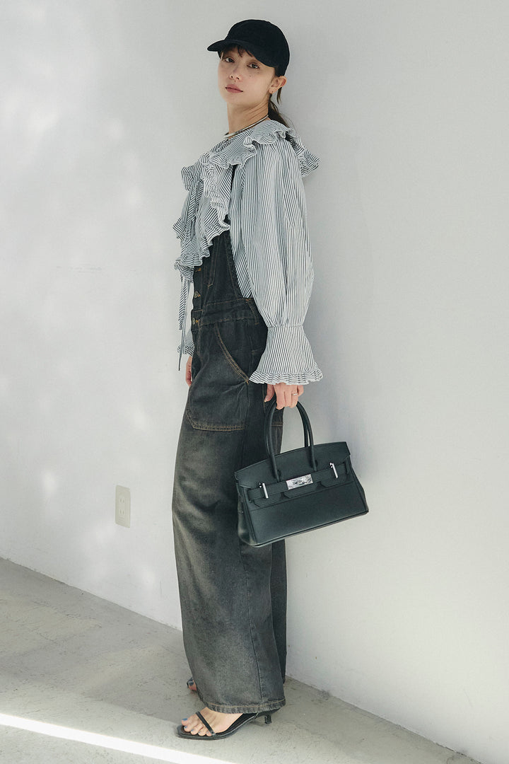 [SET]コットンフリルブラウス+デニムサロペットワイドパンツ(2set)