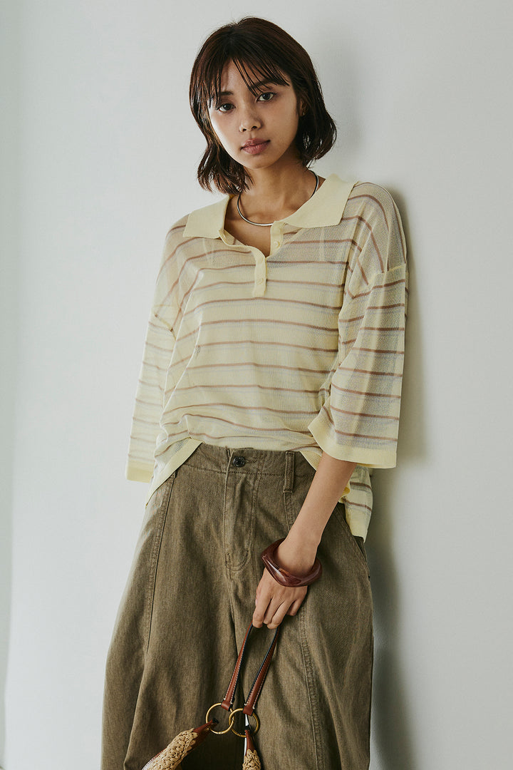 [SET]ボーダーニットポロシャツ+サイドベルトカーブワイドパンツ(2set)