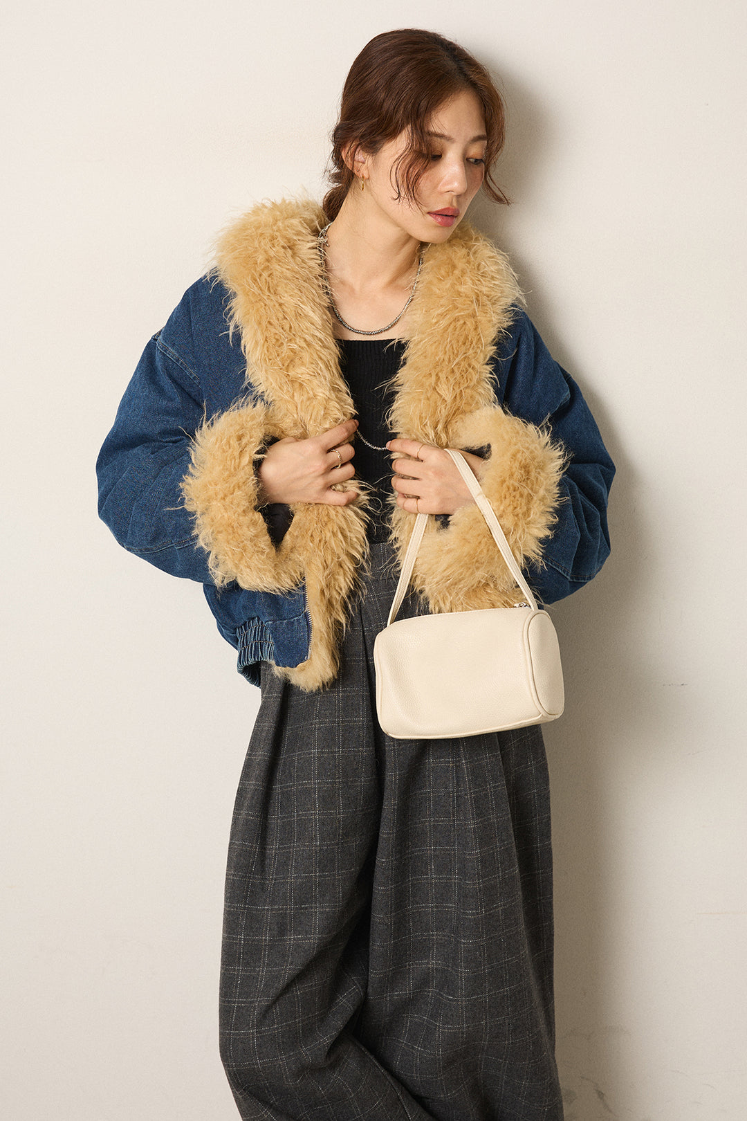 [SET]エコファーデニムボアジャケット+ウールライクチェックタックパンツ(2set)