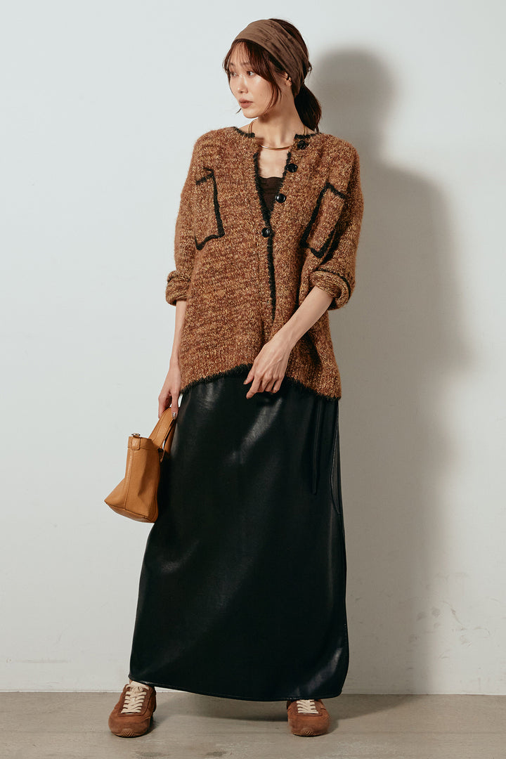 [SET]ミックスニットポケットカーディガン+紐付きフェイクレザーワイドスカート(2set)