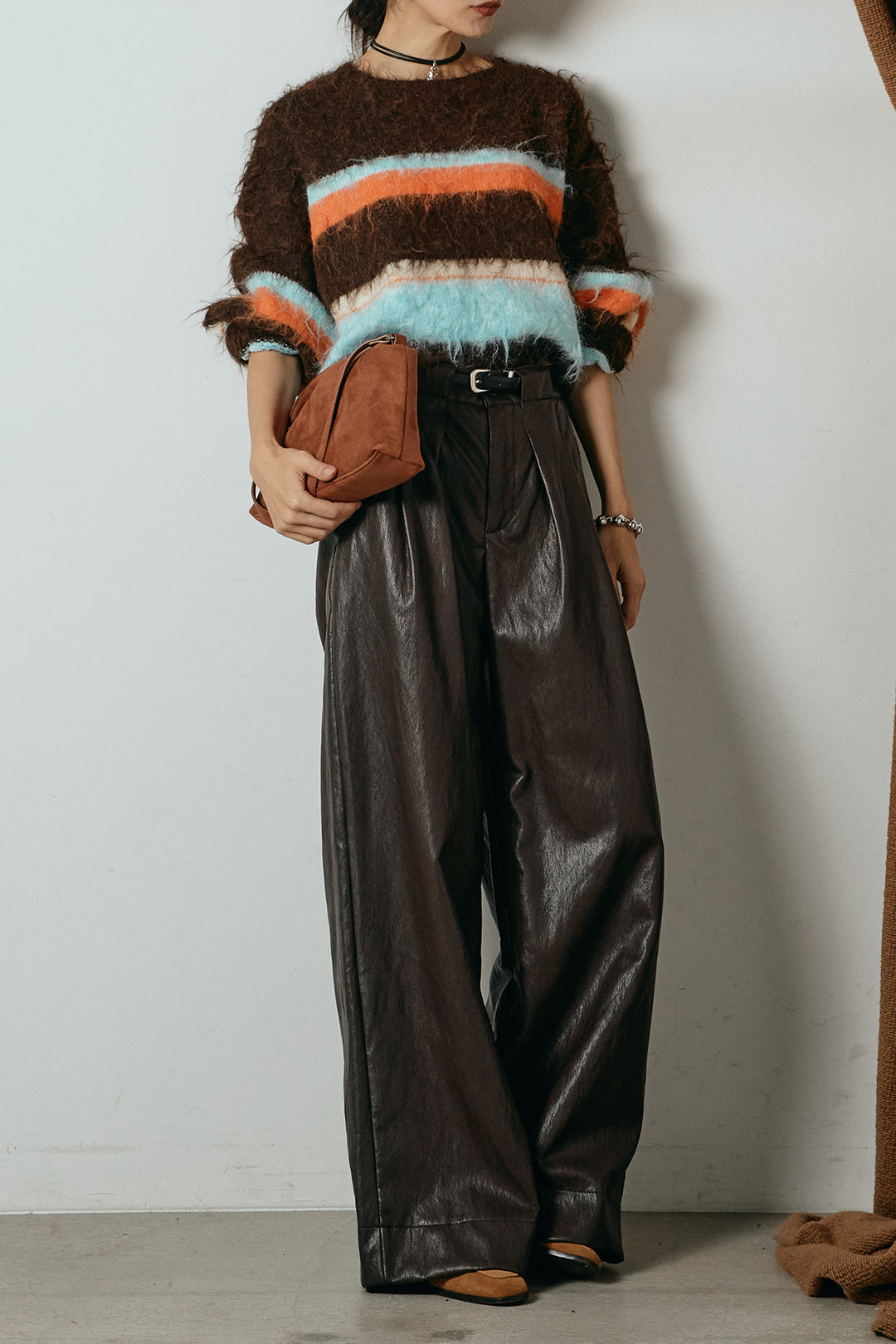 [SET]起毛配色マルチボーダーニットトップス+ベルト付きレザーライクタックパンツ(2set)
