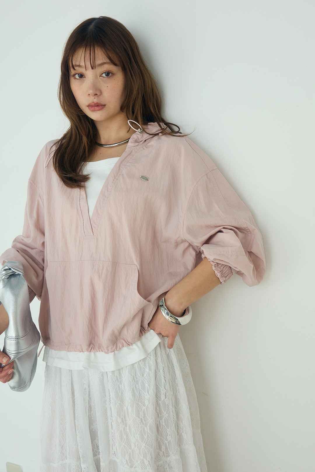 [SET]レイヤードデザインフーディートップス+ひげレース切替ロング丈スカート(2set)