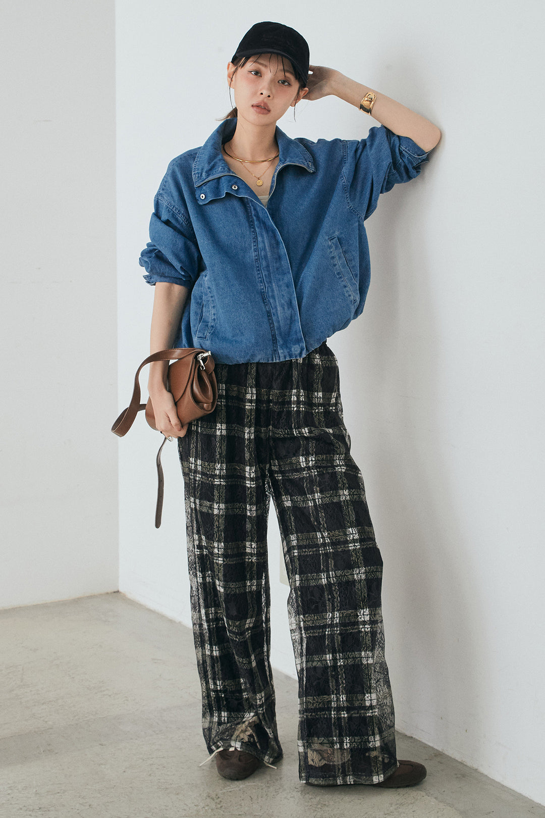 [SET]スタンドカラーデニムブルゾンジャケット+レースチェックワイドイージーパンツ(2set)