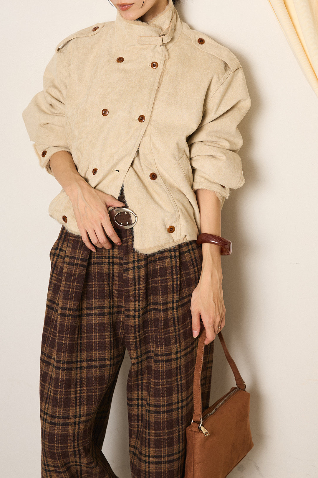 [SET]スタンド襟スウェードライクアウター+スタッズデザインベルトタータンチェックパンツ(2set)