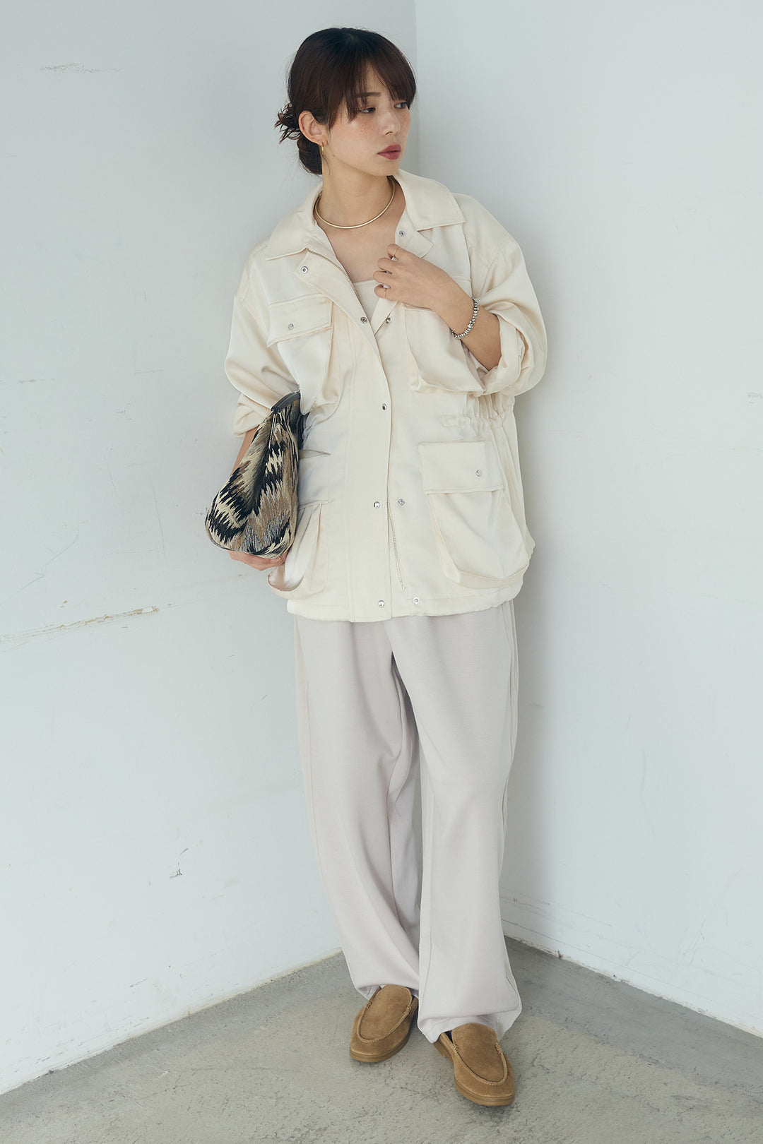 [SET]サテンライトブルゾン+異素材切り替えスウェットパンツ(2set)