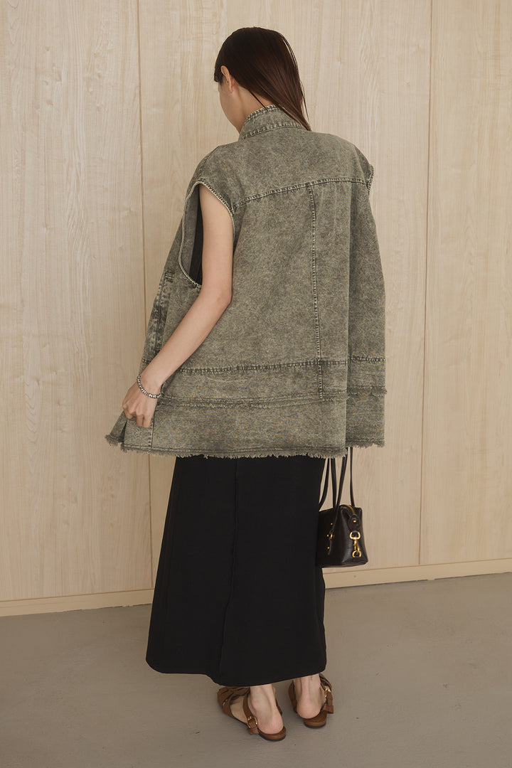 [SET]ケミカルデニムヘムカットオフジレ+ノースリロングワンピース(2set)