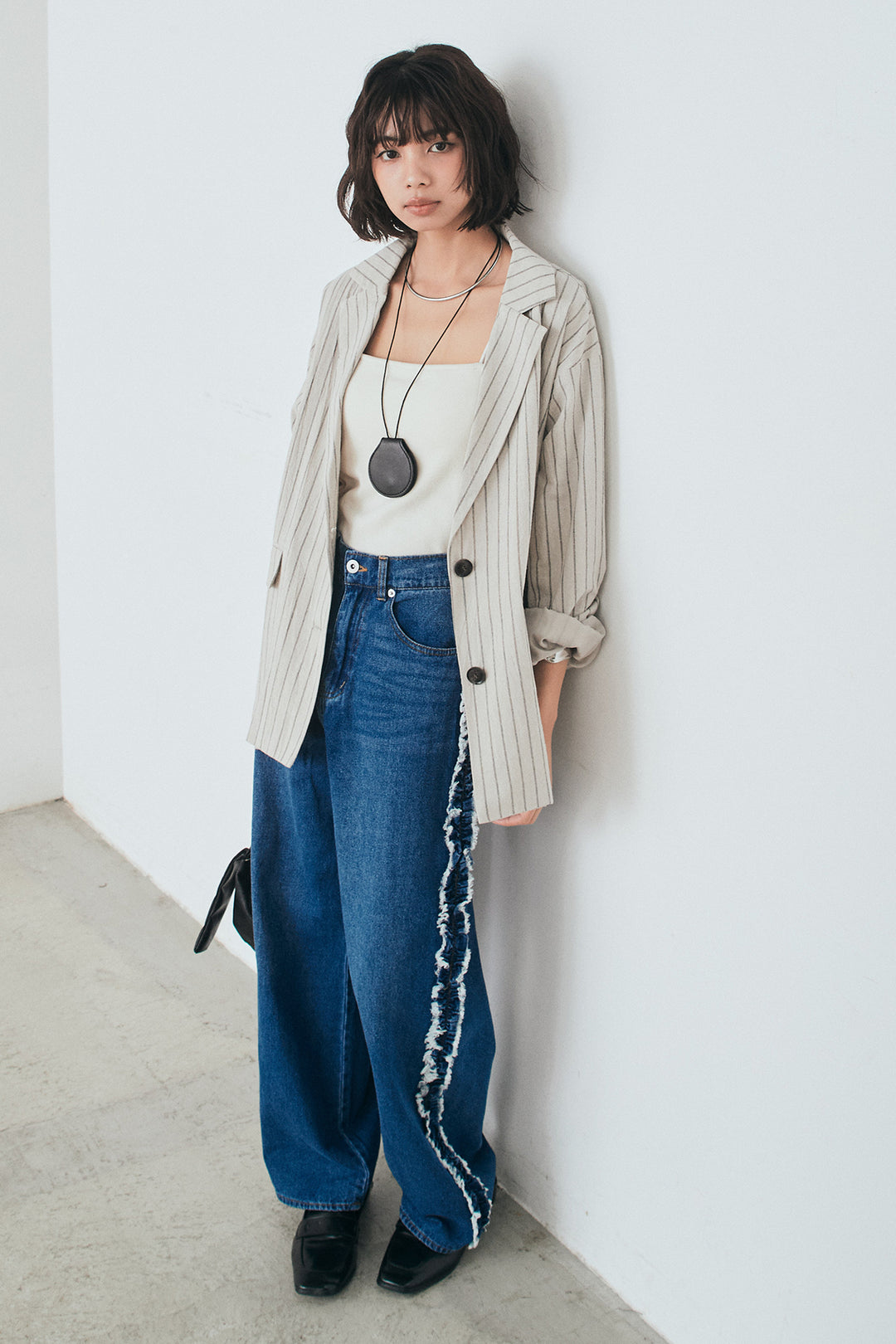 [SET]リネンライクストライプテーラードジャケット+デニムサイドフリルパンツ(2set)
