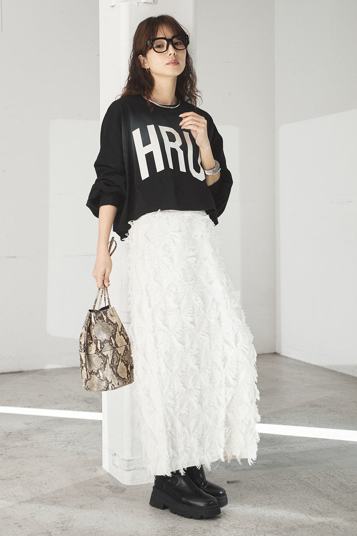 [SET]ビッグロゴHRU袖ボリュームトップス+カットフリンジニットタイトスカート(2set)