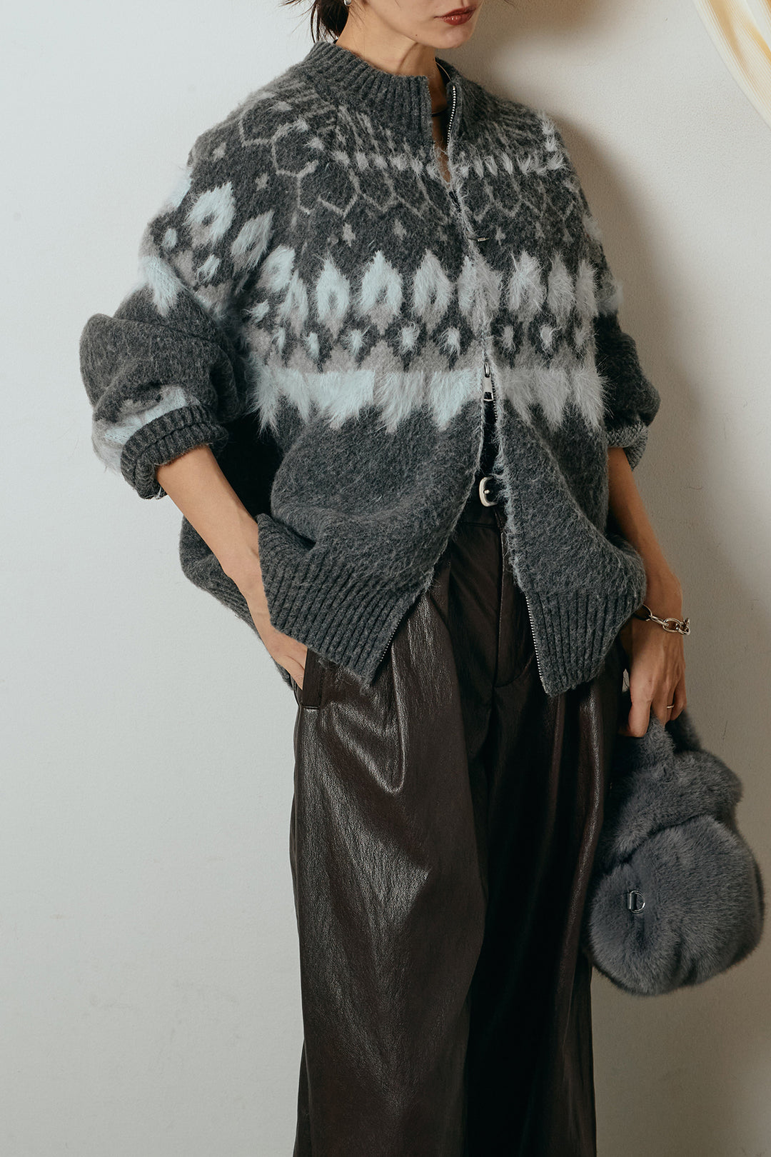 [SET]起毛ダブルジップパターンニットカーディガン+ベルト付きレザーライクタックパンツ(2set)