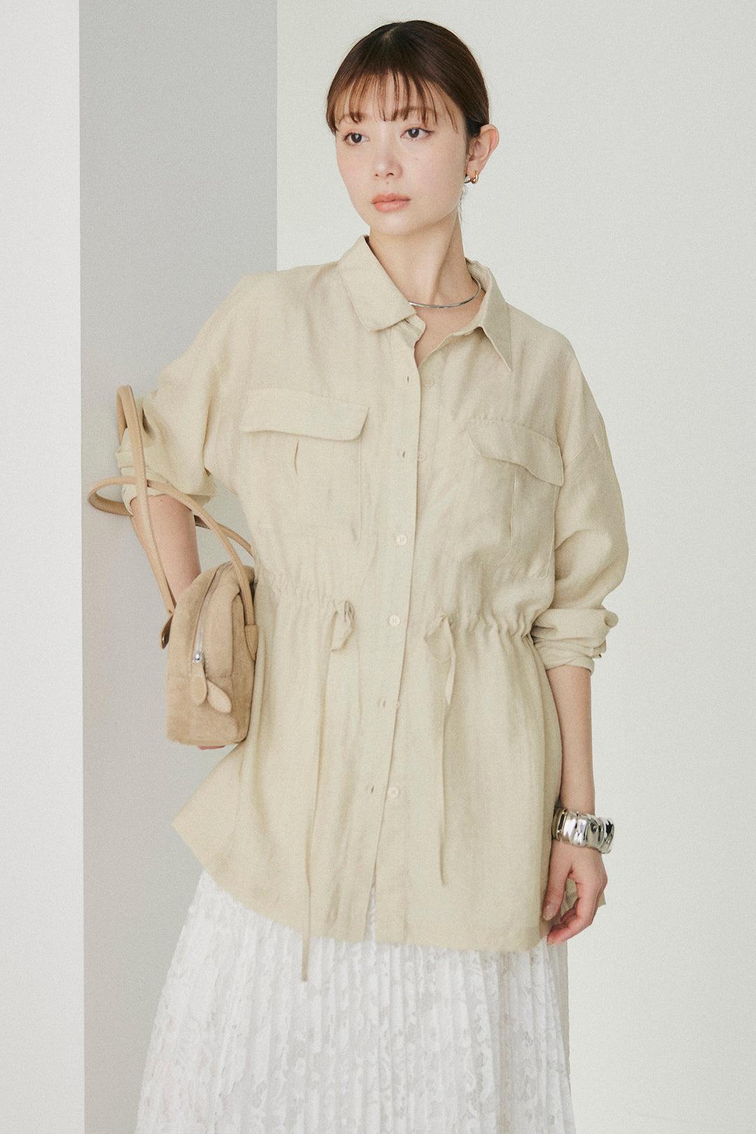 [SET]リネンブレンドシアーサファリシャツ+リラックスプリーツスカート(2set)