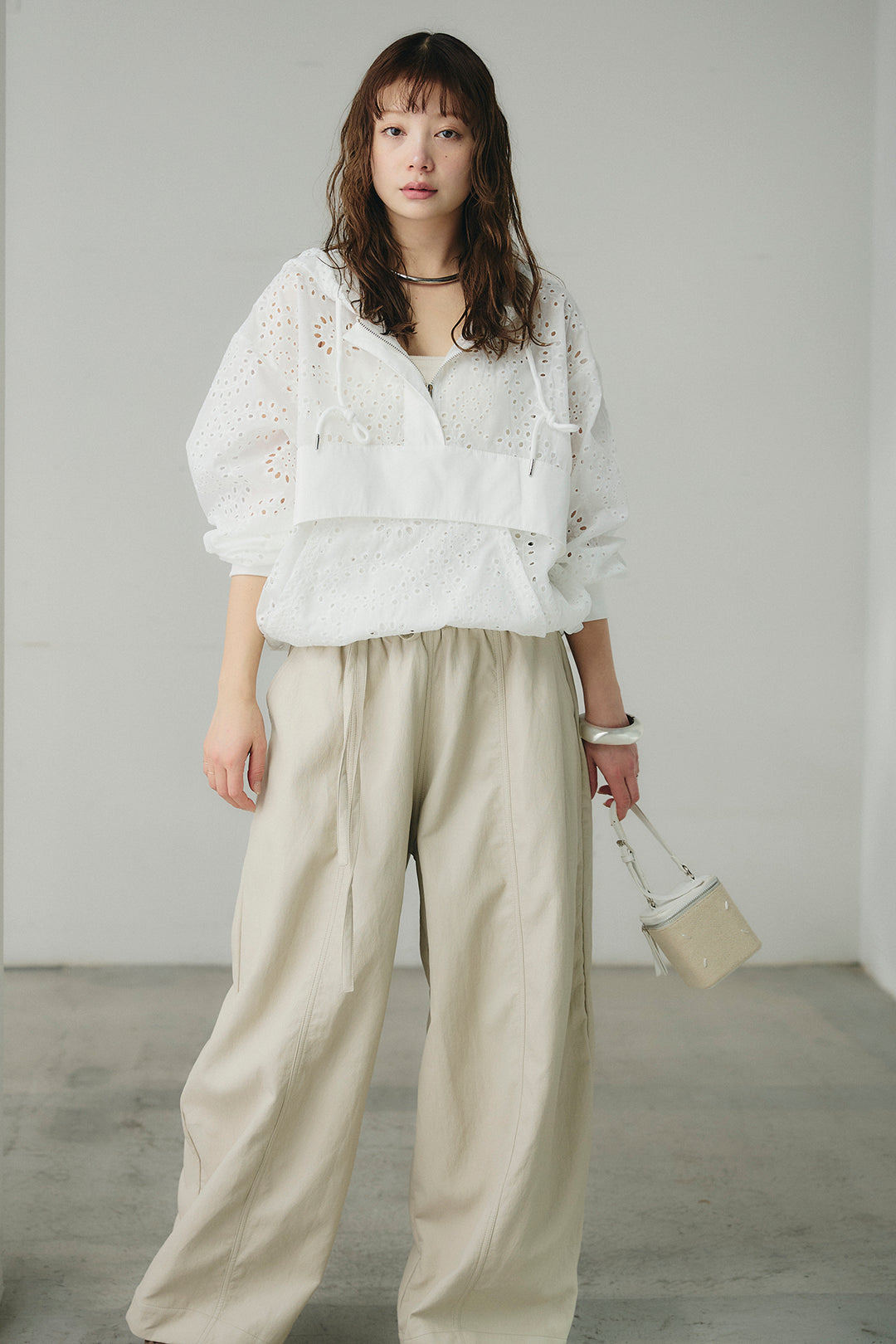 [SET]レースハーフジップアップフーディー+フェイクレザーカーブワイドパンツ(2set)